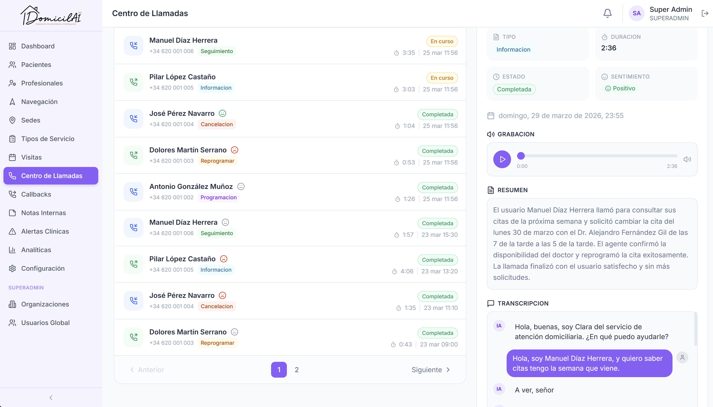 Centro de llamadas DomicilAI con historial, grabaciones y transcripción automática