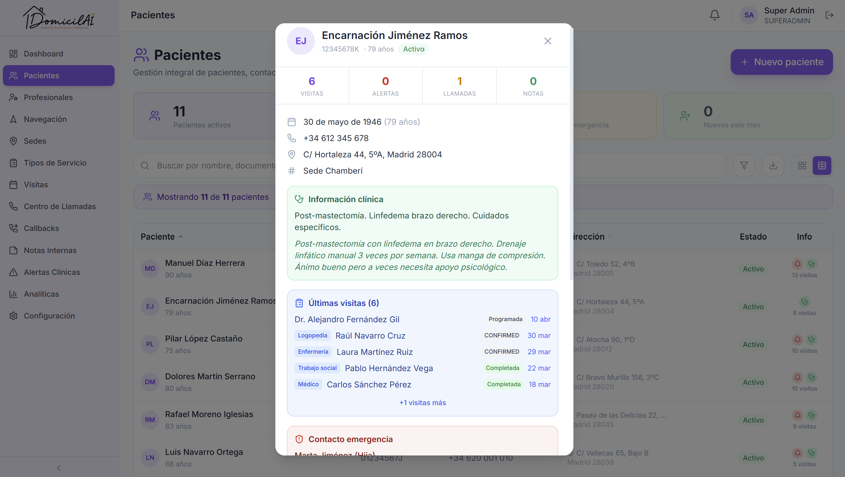 Gestión de pacientes DomicilAI con ficha completa y modal de detalles